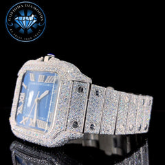 Luxury Automatic Watch – Blue Dial, Fully Iced Out with Moissanite Diamonds